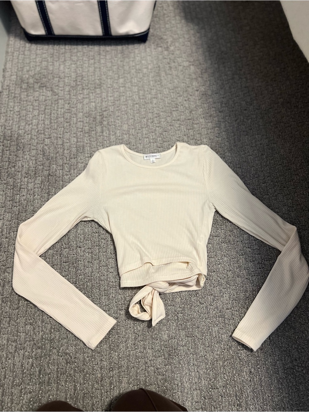 Wild Honey Cream Ribbed Tie-Front Crop Top